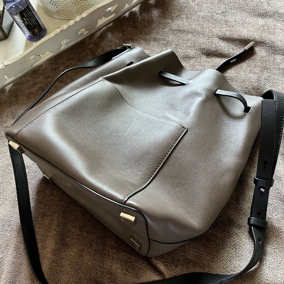 Michael Kors Gray/ Brown Leather Bucket Bag with Drawstring & Shoulder S… - Picture 8 of 11